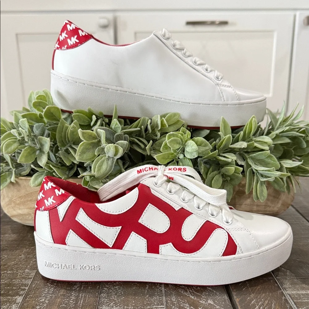 NWT Michael Kors Poppy Graphic Logo Leather Sneakers - White/Red - Size 7 1/2